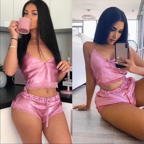 Pink Satin 2 Piece Sexy Pajama Set - Picture 3 of 4